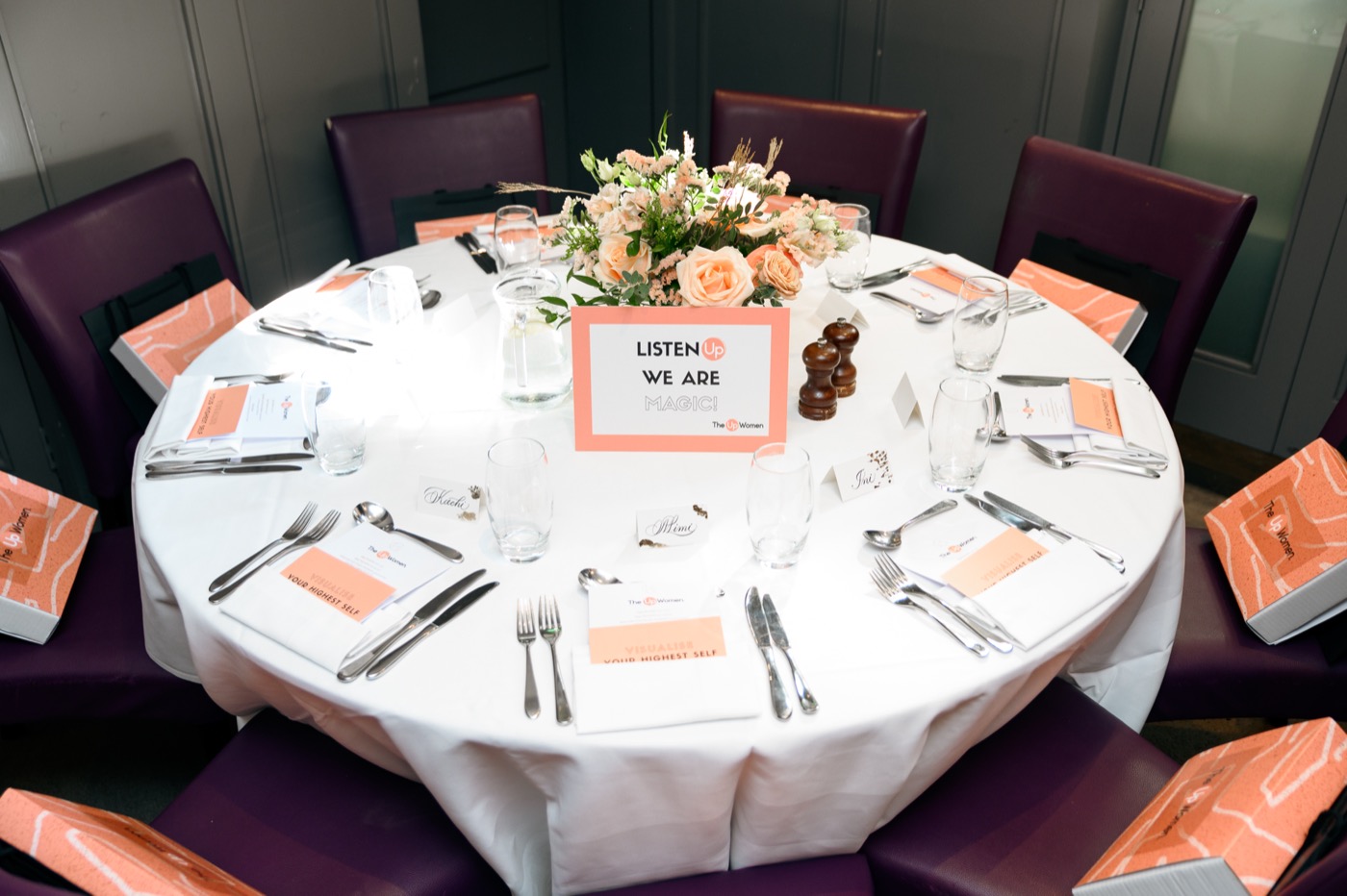 An overhead view of a styled table set for a gathering